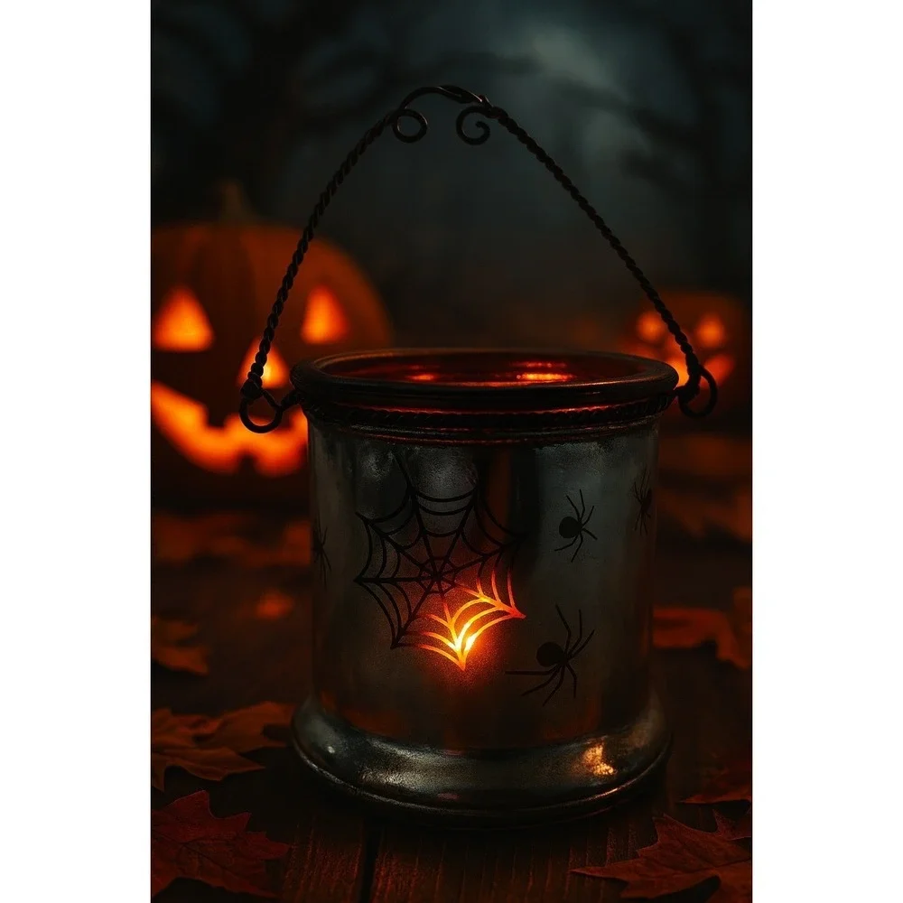 Halloween Spider Web Candle Holder Lantern, Silver Glass Decoration